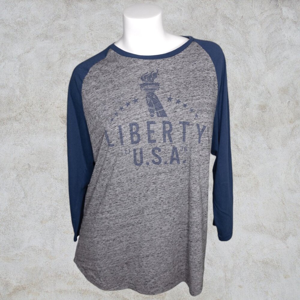 Old Navy Soft Washed Liberty U.S.A. Gray and Blue T-Shirt 3/4 Length Sleeves